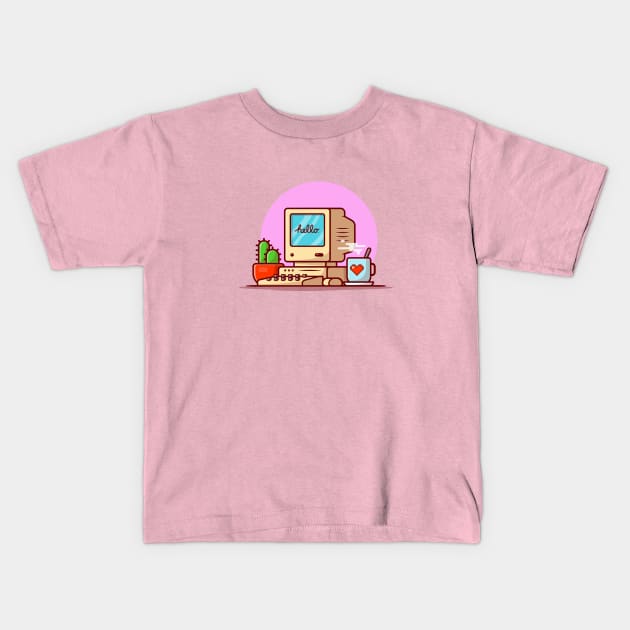 Old Computer Desktop with Coffee and Cactus Cartoon Vector Icon Illustration Kids T-Shirt by Catalyst Labs